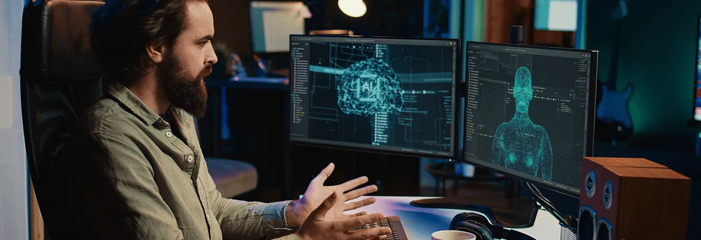 man confused looking at screens
